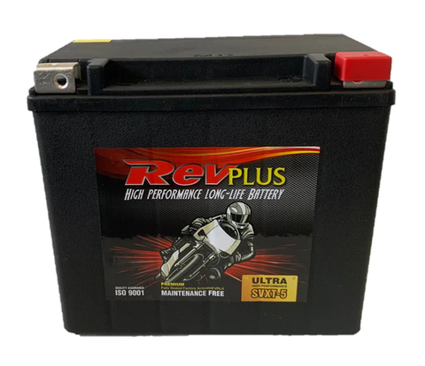 REVPLUS SVXT-5 PREMIUM FULLY SEALED 12 MONTH WARRANTY MOTORCYCLE BATTERY.