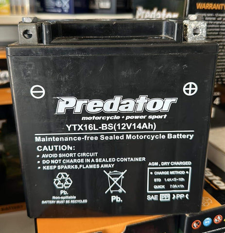 PREDATOR YTX16L-BS 12 MONTH WARRANTY MOTORCYCLE BATTERY.